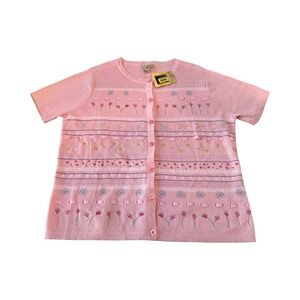 Bechamel Womens L Pink Floral Embroidered Cardigan Sweater Short Sleeve NWT